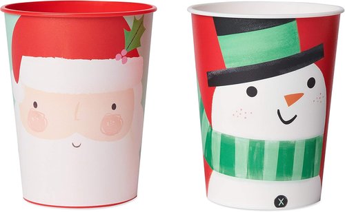 American Greetings Reusable Plastic Cups - 8-Count 16 oz. Santa & Snowman Christmas Party Supplies