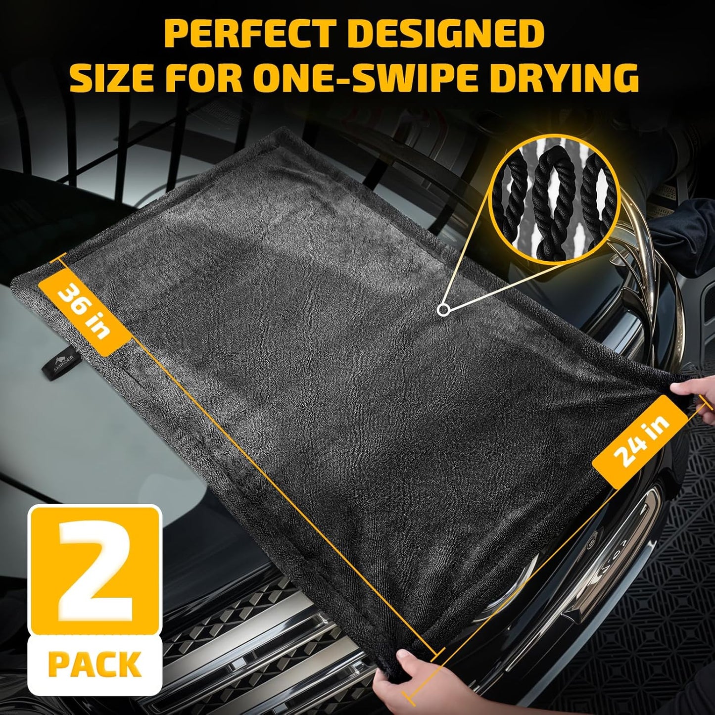 SMINDER Car Drying Towels - Ultra-Absorbent Microfiber (2-Pack, 36" x 24") | Streak-Free & Scratch-Free Design