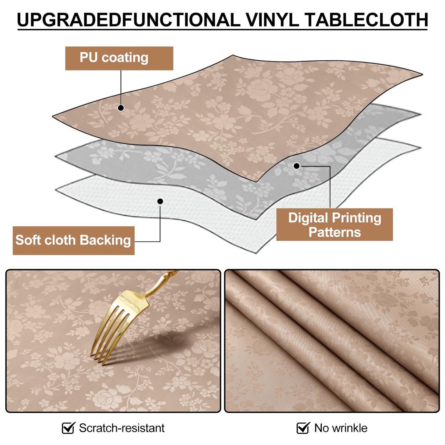 Smiry Round Table Cloth, Waterproof Heavy Duty Vinyl Tablecloths, Wipeable Washable Table Cover for Kitchen and Dining Room (Khaki, 70" Round)
