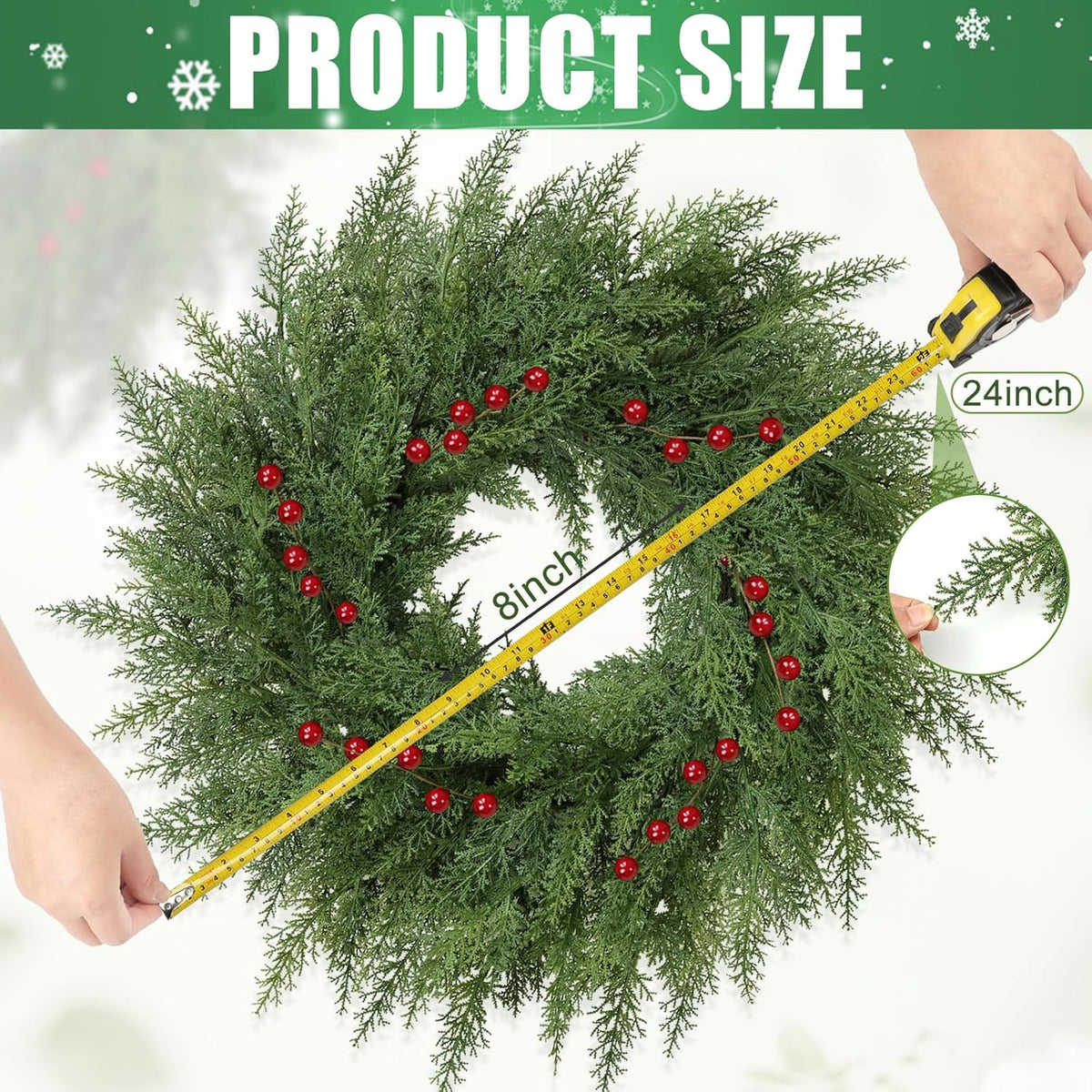 Lush Christmas Wreath - 24-Inch Real Touch Faux Cedar with Red Berries | Indoor & Outdoor Holiday Decor