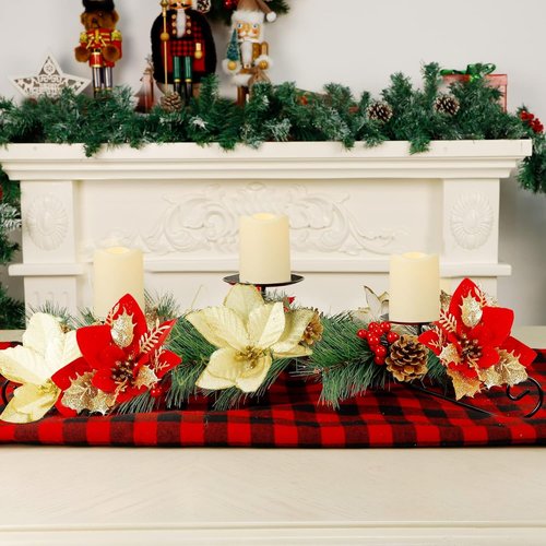 Joliyoou Christmas Poinsettia Candle Holder - 17.5" Tabletop Centerpiece with 3 Battery Operated Lights