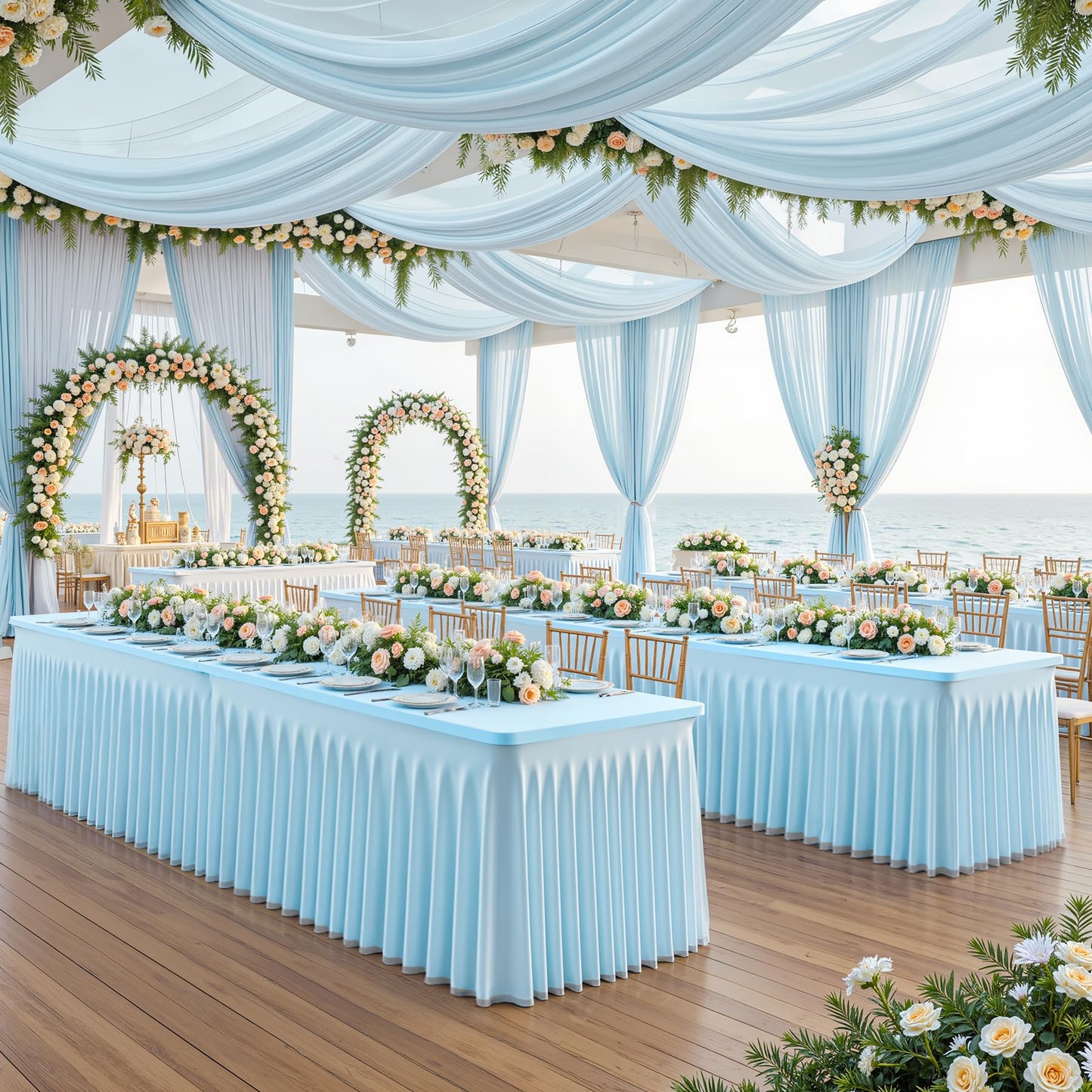 PARTISKY Blue Tablecloths 4 Foot Rectangle Tables, Spandex Fitted Tablecloth Stretch Table Cover with Tulle Skirt for Baby Shower Birthday Party Wedding Banquet Dessert Table Decorations