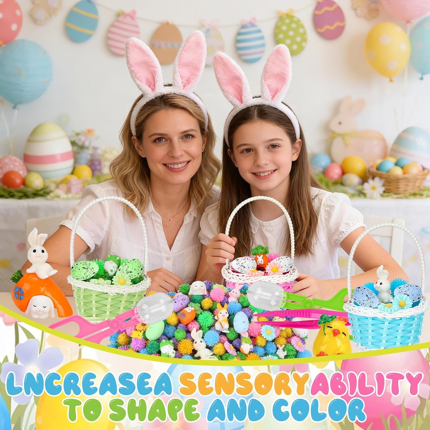 Skiennix Easter Sensory Bin Filler - 287 Pcs Colorful Eggs, Bunnies & Flowers for Counting Fun