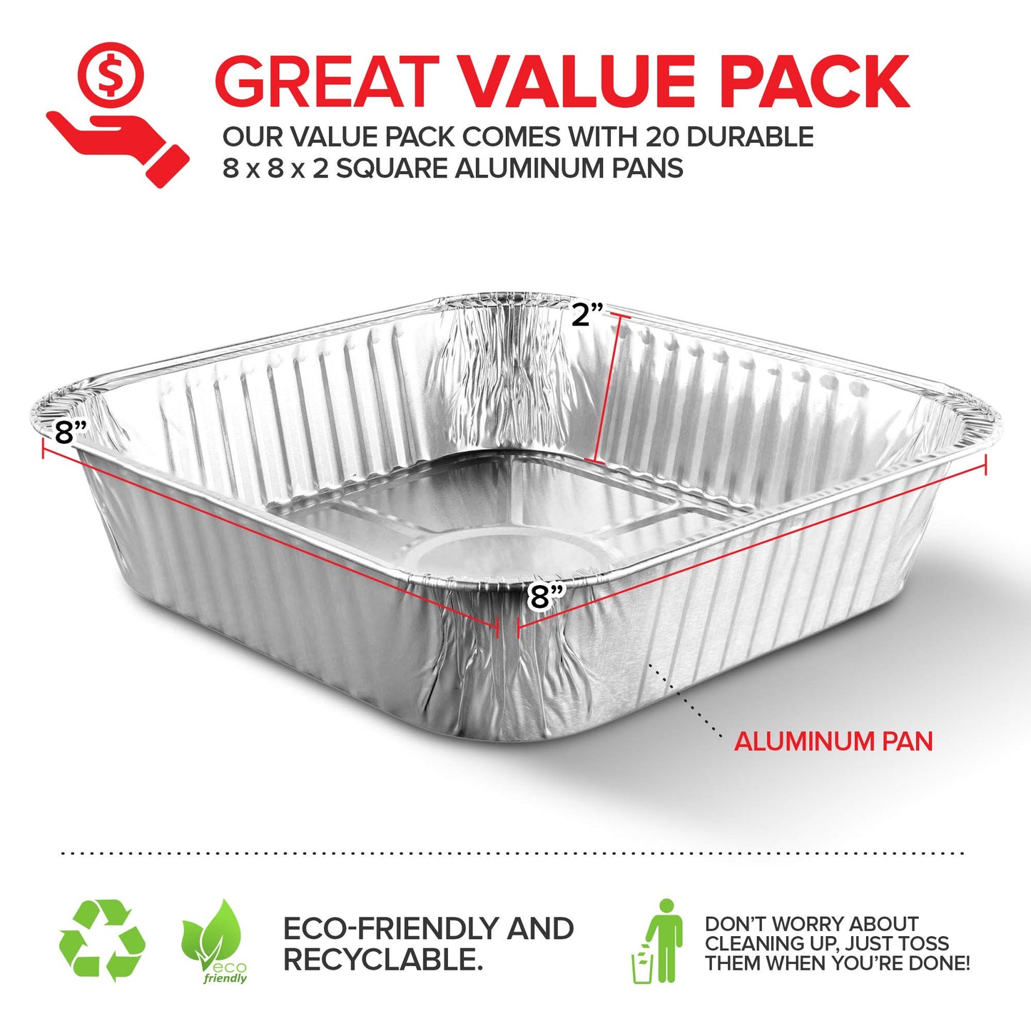 Stock Your Home Aluminum Pans 8x8 Disposable Foil Pans (20 Pack) - 8 Inch Square Pans - Tin Foil Pans Great for Cooking, Heating, Storing, Prepping Food