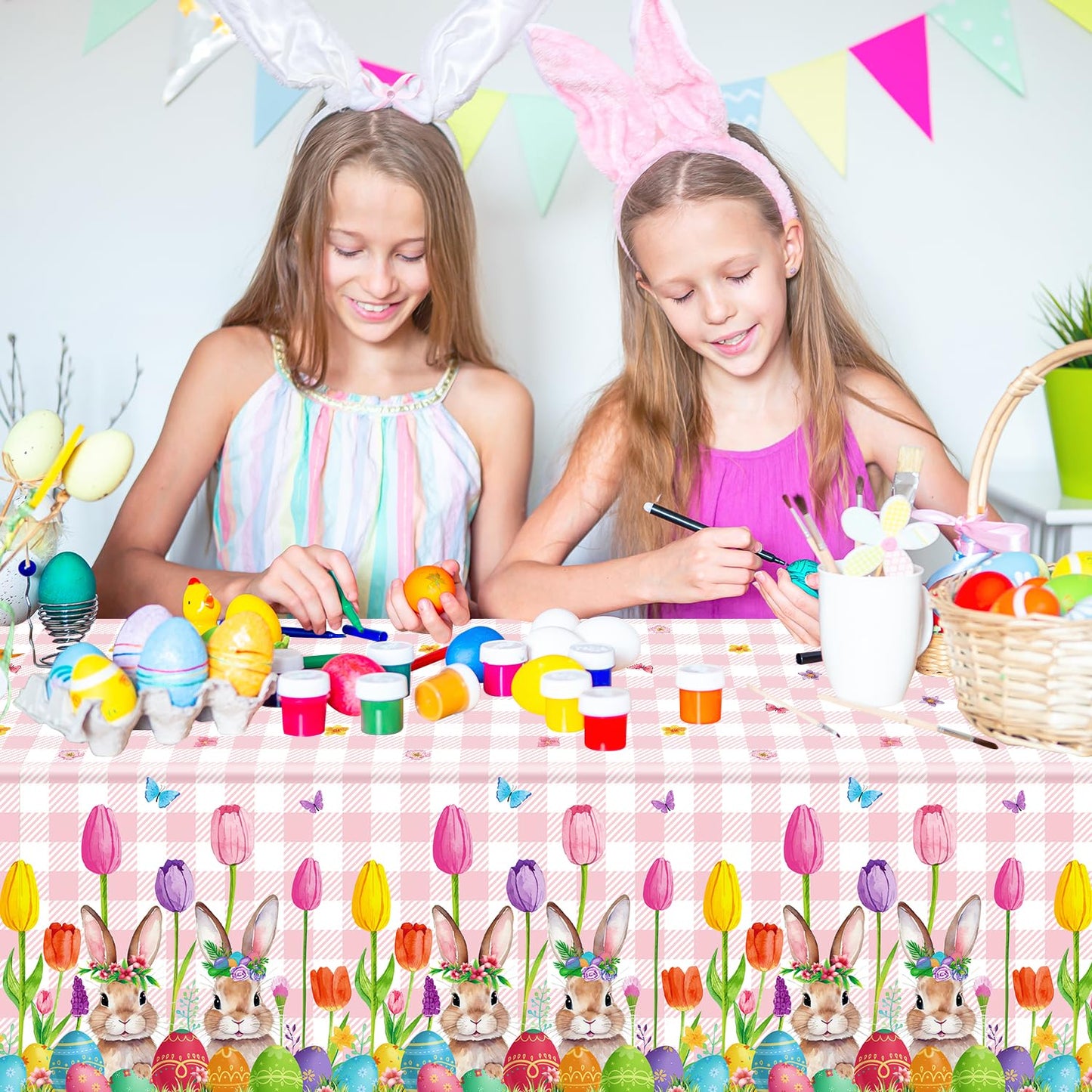 TJYJOY 4 Pack Easter Tablecloth Spring Tulip Buffalo Bunny Table Cloth Disposable Rectangle Table Covers Easter Decorations for Picnic Spring Birthday Party Supplies 51 x 86in
