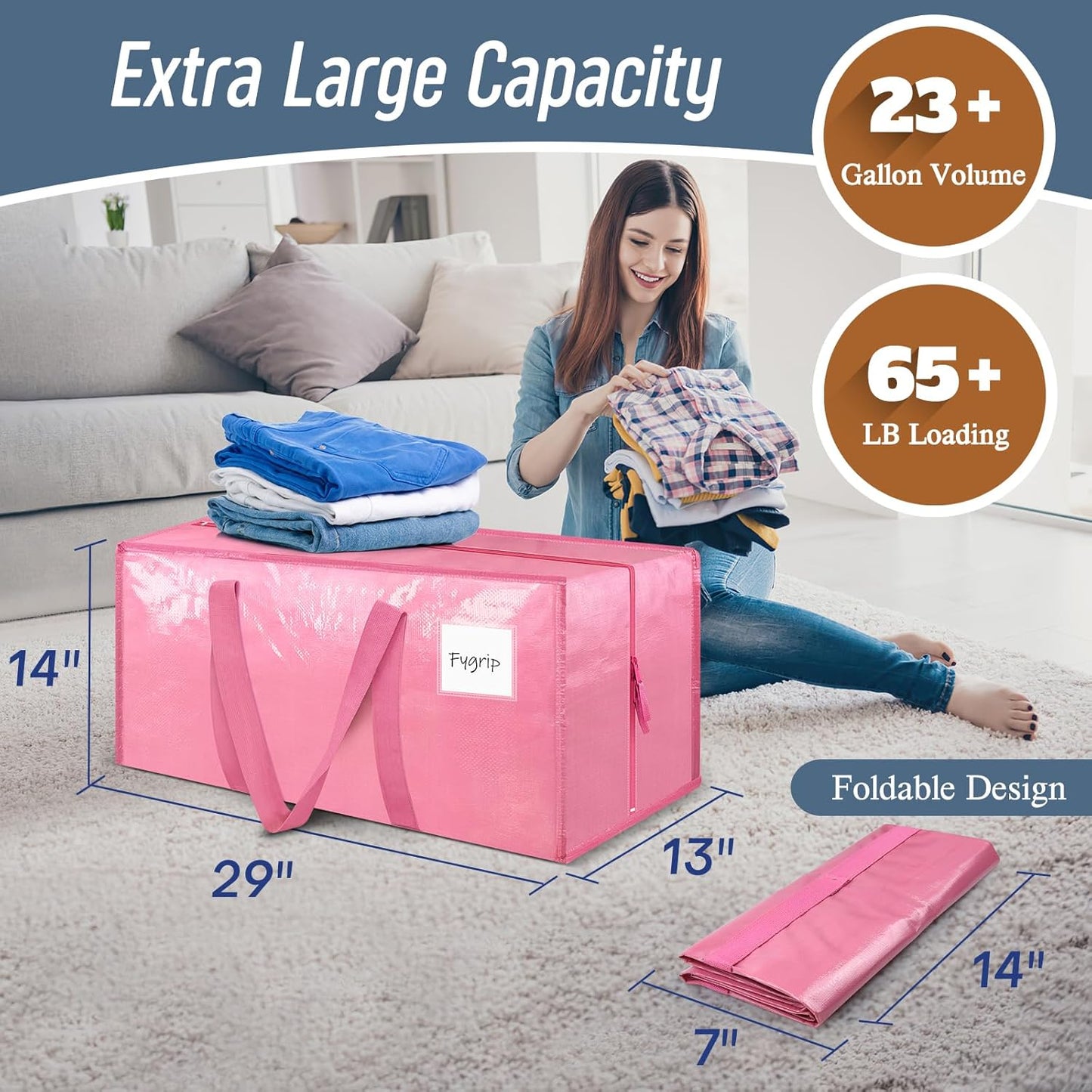 Skiennix 6 Pack Extra Heavy Duty Moving Bags - Strong Zipper & Comfortable Handles | Durable Pink Storage Totes
