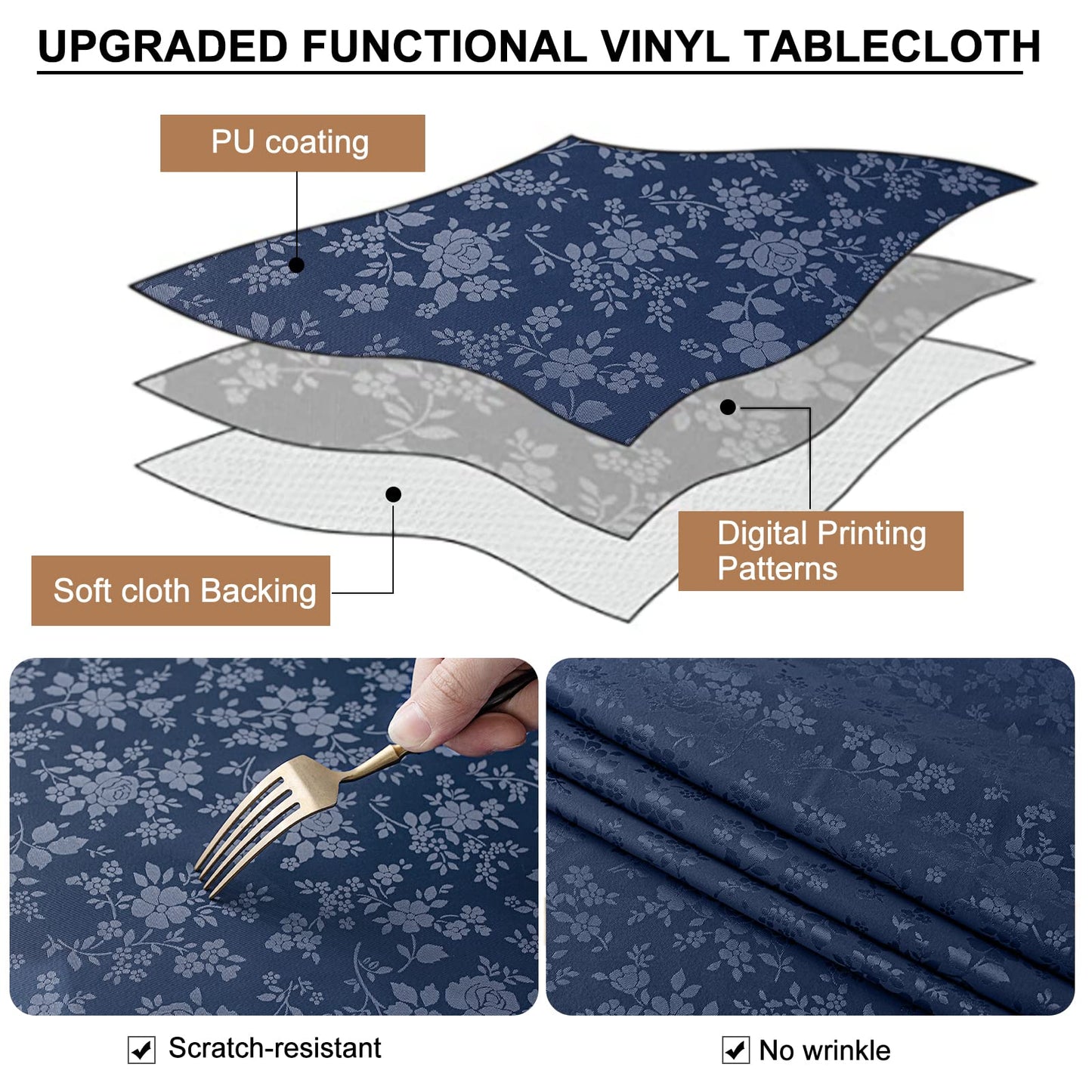 Smiry Rectangle Table Cloth, Waterproof Heavy Duty Vinyl Tablecloths, Wipeable Washable Table Cover for Kitchen and Dining Room (Navy Blue, 70" X 90")