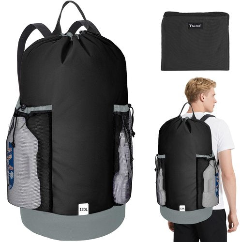 BALEINE 120L Laundry Bag Backpack, 900D Oxford Fabric Large Travel Laundry Bags with Shoulder Straps and 2 Mesh Pockets for College Dorm, Apartment, Laundromat (Black, 120L)
