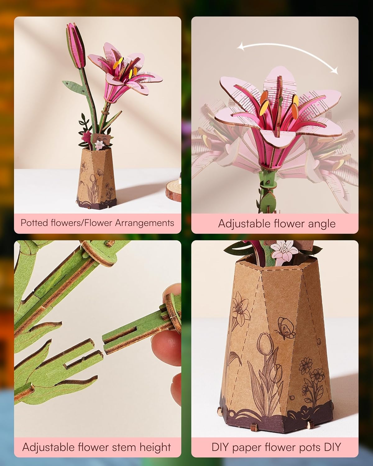 Skiennix 3D Flower Wooden Puzzle - Pink Lily DIY Model Kit for Adults | Creative Gift for Mother's Day (73PCS)