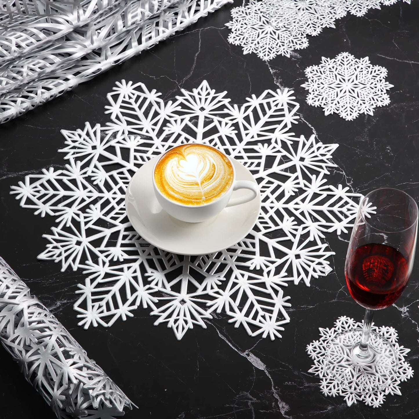 Sieral Snowflake Placemats and Coasters Set Pressed Vinyl 15 Inch Placemats and 4 Inch Coasters for Christmas Winter Wedding Party Dinner Table Decoration(Silver,24 Sets)