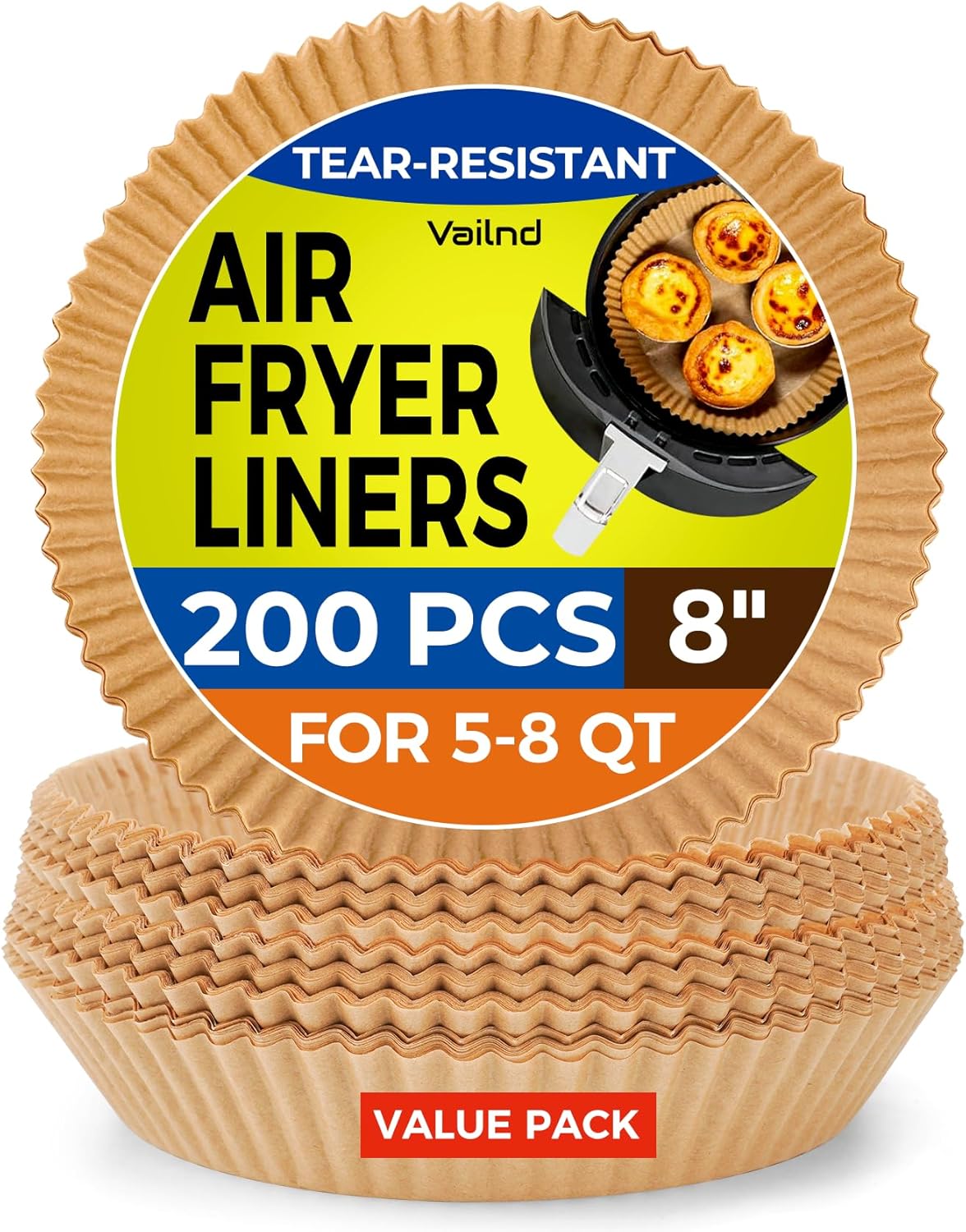 Vailnd Air Fryer Liners - 200 Pcs Non-Stick 8" Round Parchment Paper for 5-8 Qt Air Fryer Basket