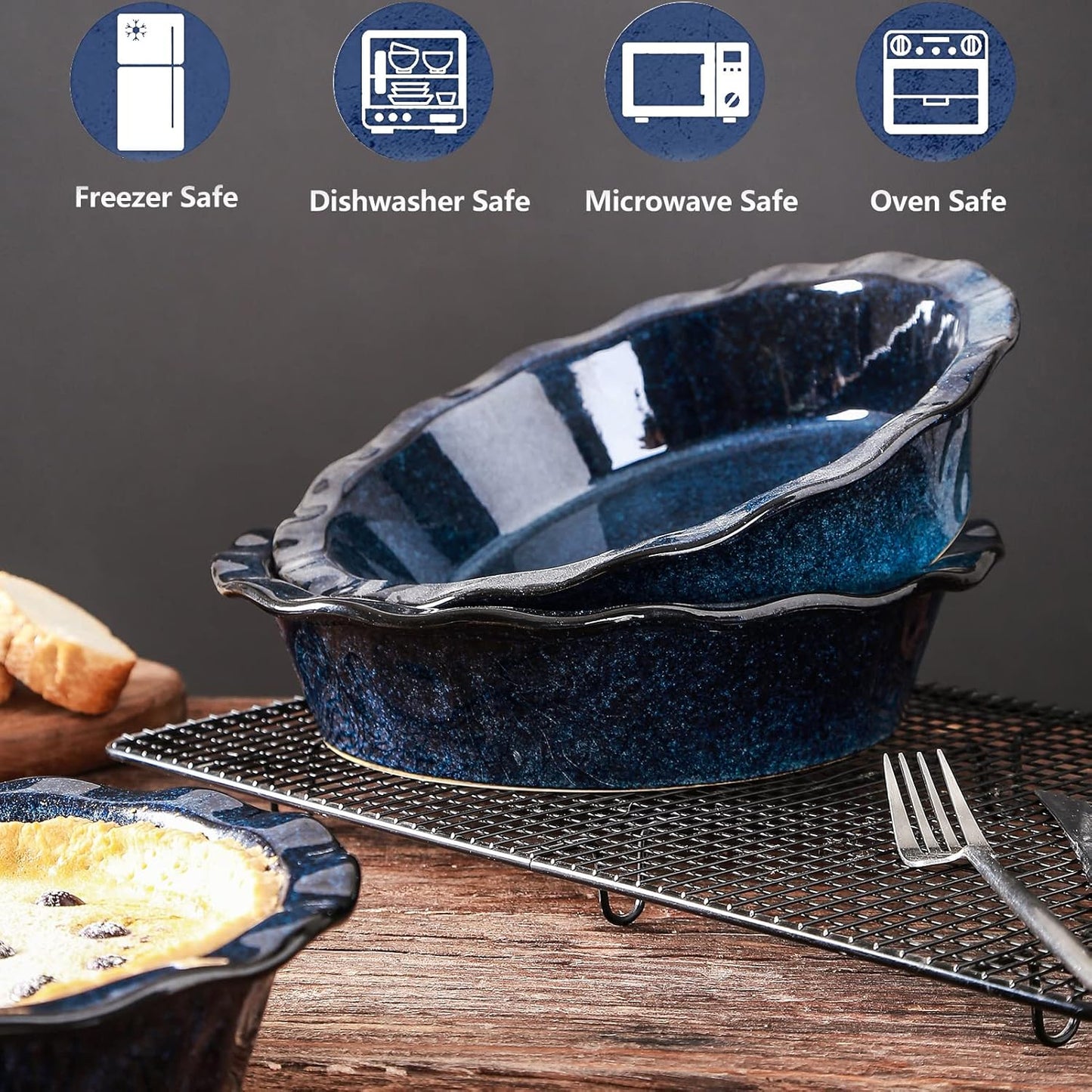 Vicrays Ceramic Pie Pan - 9-Inch Round Fluted Deep Dish for Baking Tart, Pizza, Quiche | Starry Blue Reactive Glaze