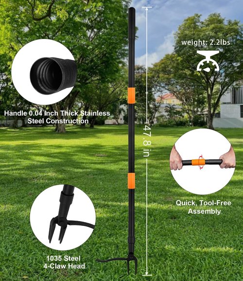 GardenWeasel Weed Puller Tool - 4-Claw Stand-Up Gardening Tool with 47.8" Adjustable Stainless Steel Handle