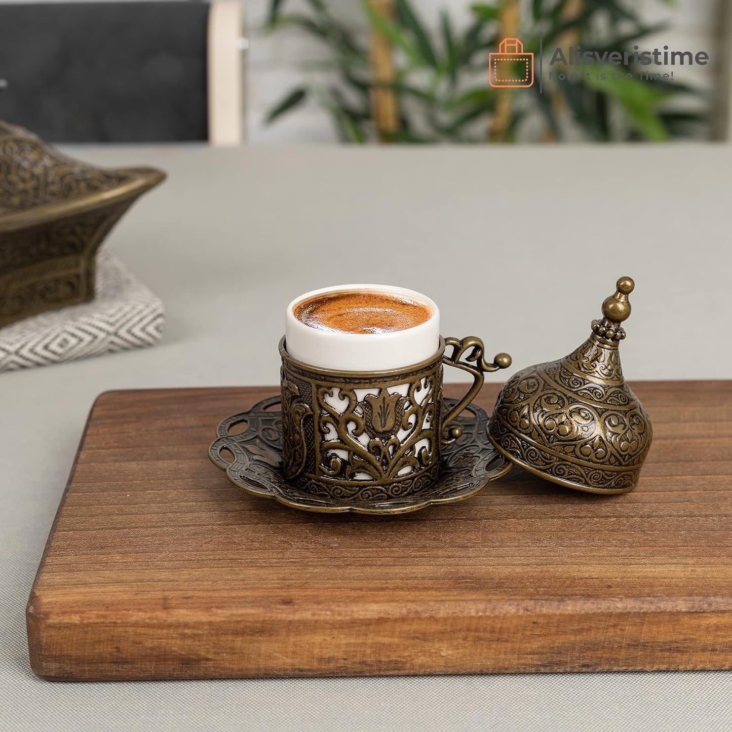 Alisveristime Authentic Turkish Coffee Cup Set: Zamak & Porcelain, Tulip Motifs (Set of 2) (Lale) (Gold)
