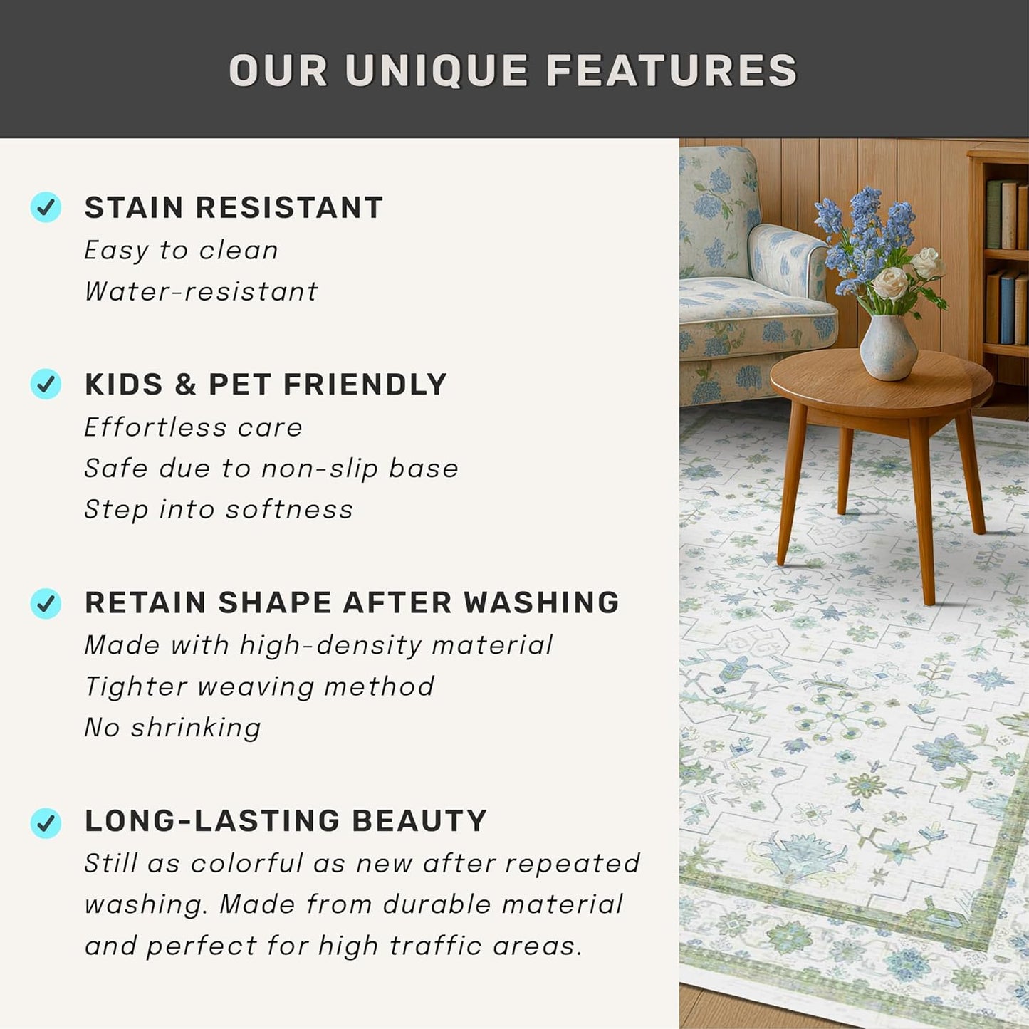 Oushak 10x14 Rug - Washable Boho Extra Large Non-Slip Soft Faux Wool Carpet | Cream, Blue & Green Floral Design