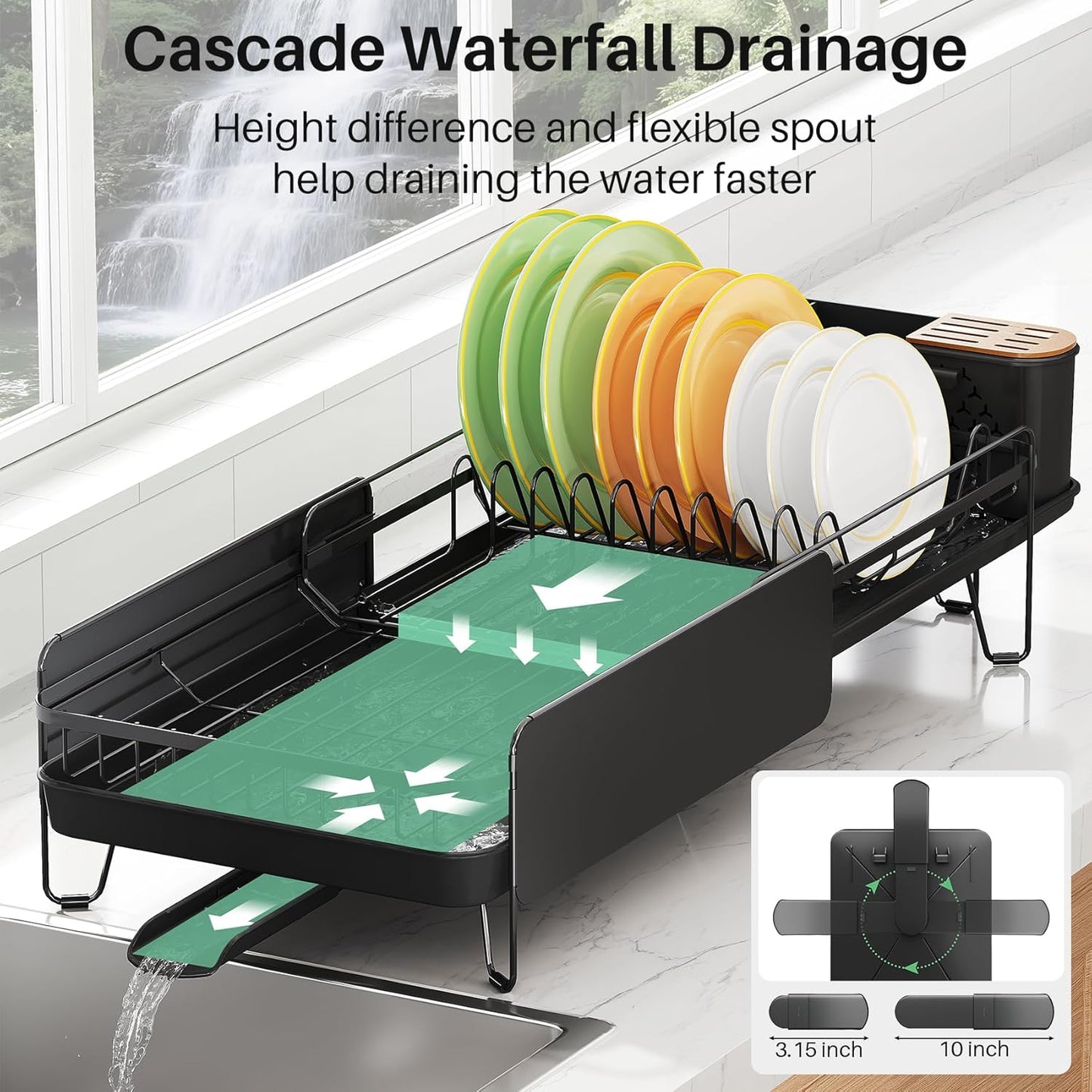 SNTD Dish Drying Rack - Expandable Stainless Steel Dish Drainer with Cutlery Holder | Large Black Design