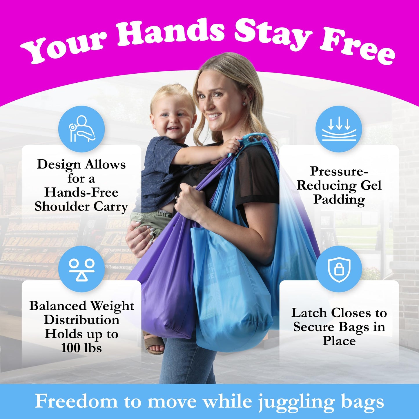 Click & Carry Grocery Bag Carrier Handle - Carry More in Fewer Trips, 100lb Capacity, Hands-Free, Gel-Padded Ergonomic Design, Shopping & Grocery Bag Holder - As Seen On Shark Tank, Blue, 2 Pack