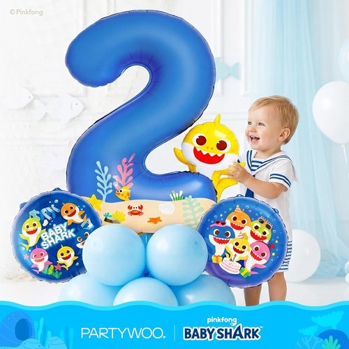 Baby Shark by PartyWoo - 40 Inch Blue Foil Number 2 Balloon | Mylar Helium Birthday Decoration for Kids