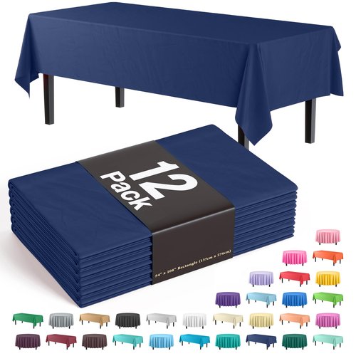 Exquisite 12-Pack Premium Plastic Tablecloth 12-Pack Premium Plastic 54in. x 108in. Rectangle Table Cover - Navy Blue