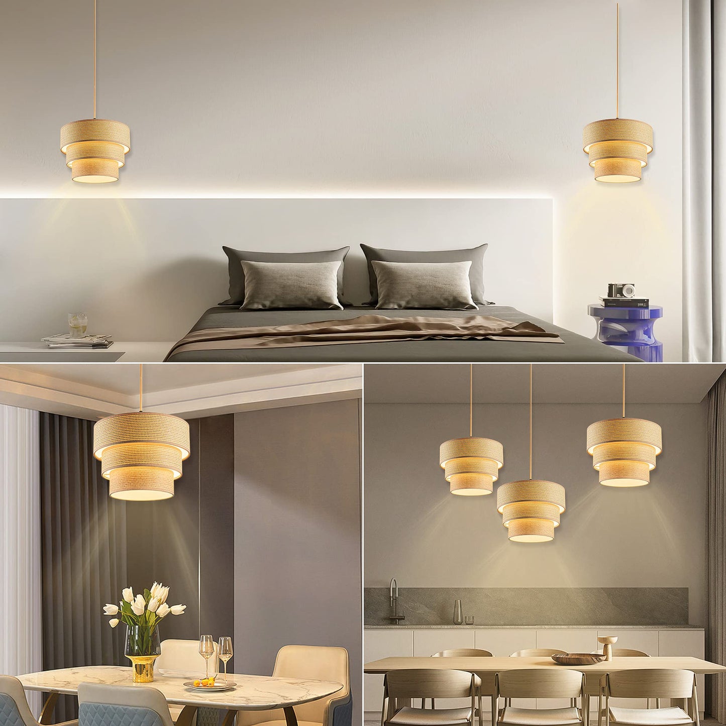 Mateyrie Plug in Pendant Light, Hanging Lamp with Dimmable Switch, Rattan Pendant Light Fixtures with 15 Ft Cord, Boho Lamp with Yellow Lamp Shade for Bedroom, Kitchen, Living Room