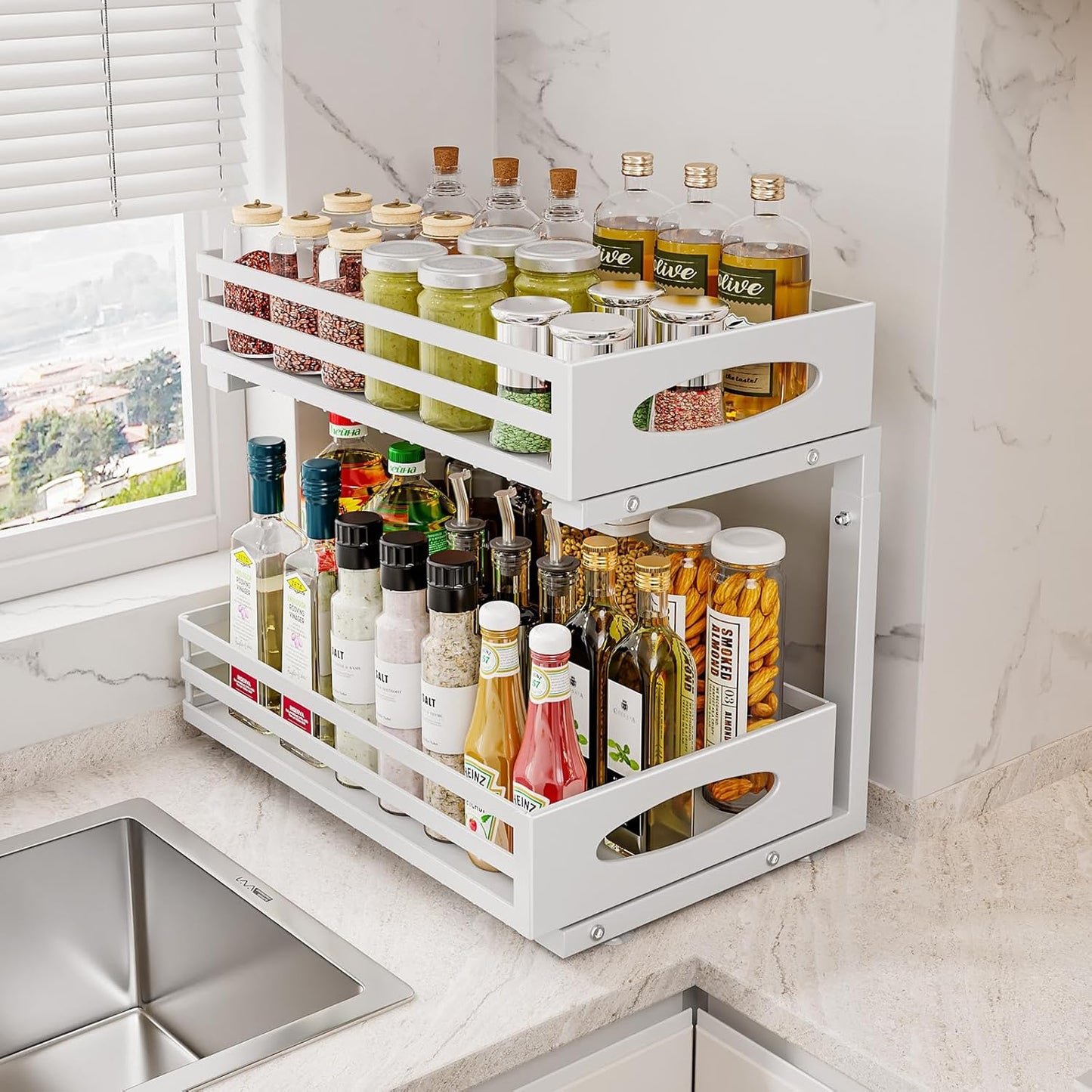 Under Sink Organizer - 2 Tier Adjustable Storage Solution | Slide-Out Metal Cabinet Drawer (White)