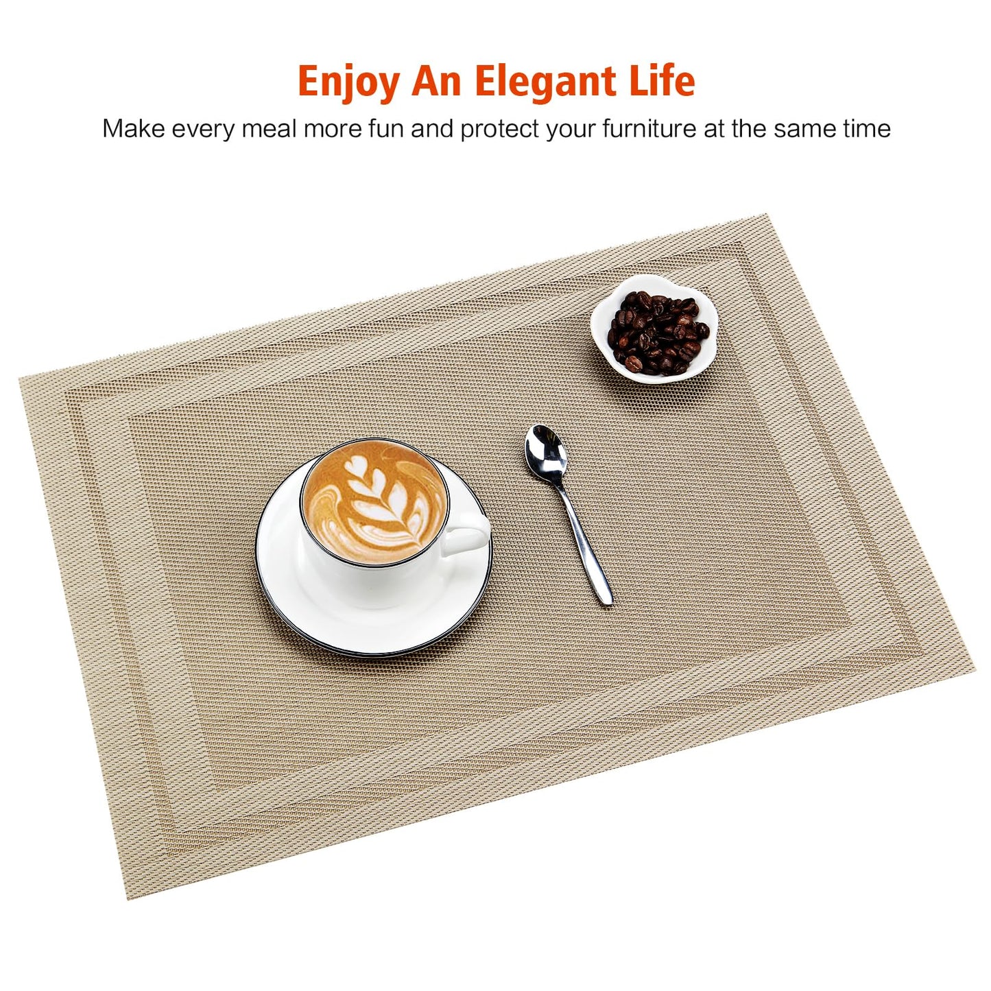 Bxzandya Placemats Set of 8,Washable,Heat and Stain Resistant Indoor/Outdoor Place mats,Vinyl Woven Non Slip Table Mats for Restaurant Table Protection,PVC Placemats(Beige,8PCS)