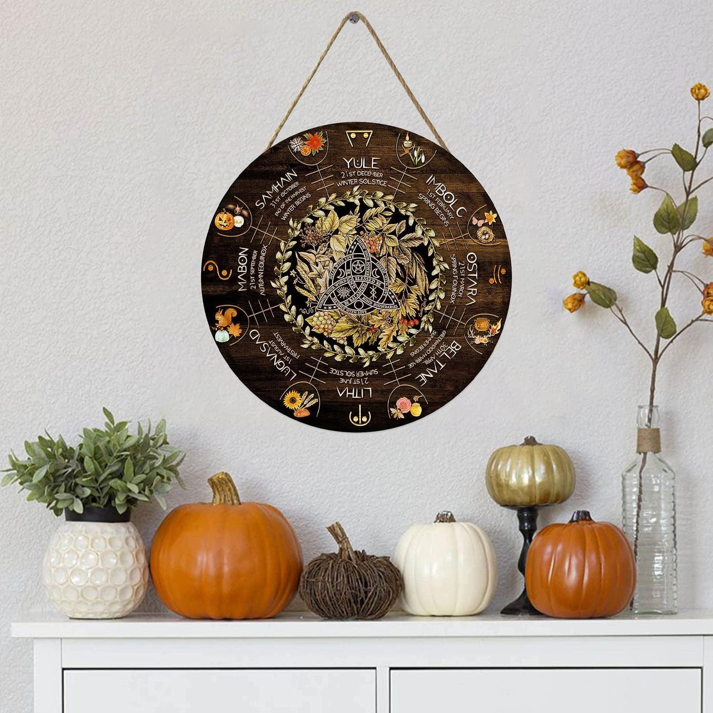 Wheel Year Wood Sign - Sabbats Pagan Witch Decor | Wiccan Calendar for Yule & Halloween | 12x12 Inch