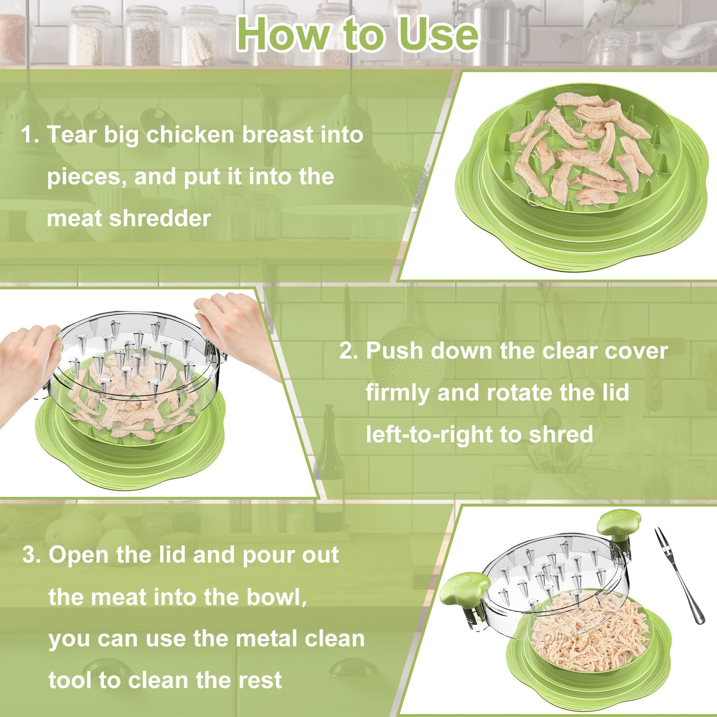 SURETIVIAN Chicken Shredder Large Chicken Breast Shredder Tool Twist with Brush&Fork, Visible Meat Shredder Machine, Anti-Slip Strip, Ergonomic Handle, BPA Free, Pork Beef Chicken(Matcha)