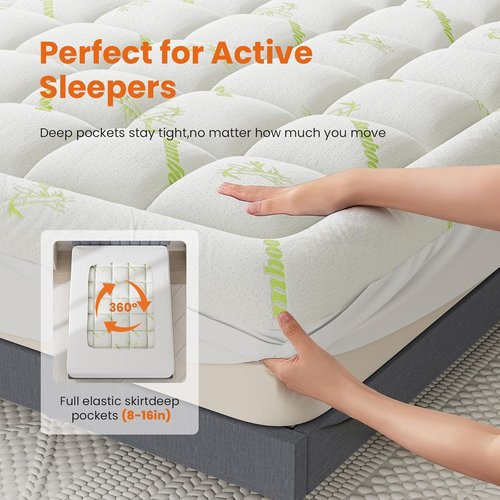 DUMOS Ultra Soft Queen Size Mattress Topper - Breathable Bamboo Viscose Pillow Top for Back Pain Relief