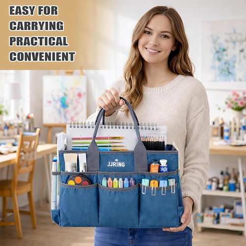 JJRING Large Art Supply Tote Bag - Sturdy Craft Organizer with 2 Mesh Pockets & Elastic Front | Green, Foldable Design