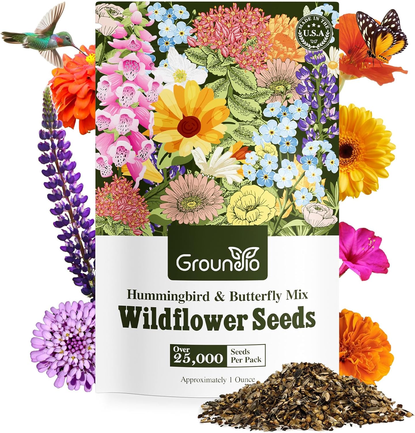 Wildflower Seeds | Hummingbird & Butterfly Mix - 24 Varieties, 1 Ounce, No Filler, Resealable Package