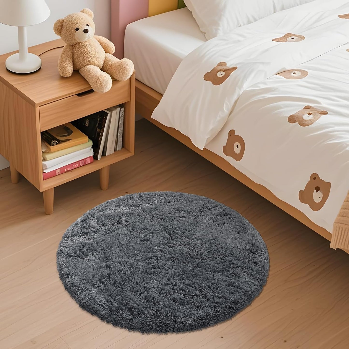 OLANLY Grey Round Area Rug - Soft, Fluffy Shaggy Carpet for Bedroom & Living Room | 2 ft Circle