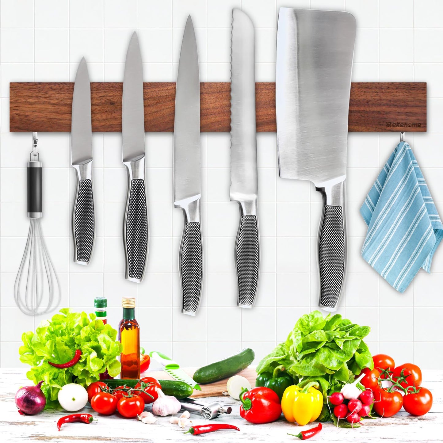 Magnetic Knife Holder for Wall 16 Inch, Bamboo knife magnetic strip No Drilling with 2Hooks, Strong Magnet Knife Holder strip, Magnetic Knife Rack Bar for Kitchen Knives and Tools