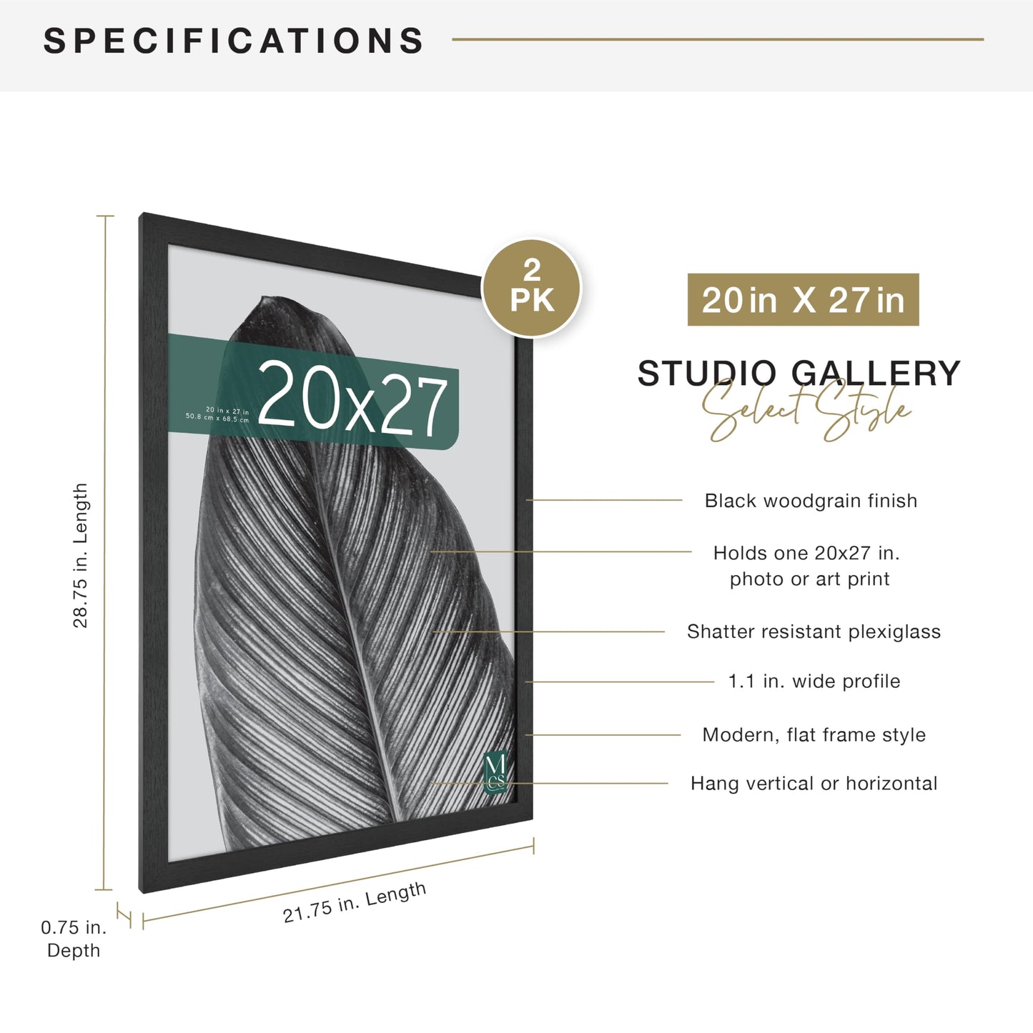 MCS Studio Gallery 20x27 Poster Frame Black Woodgrain, Vertical & Horizontal Wall Hanging Large Picture Frame for Photos, Posters & Art Prints (2-Pack)