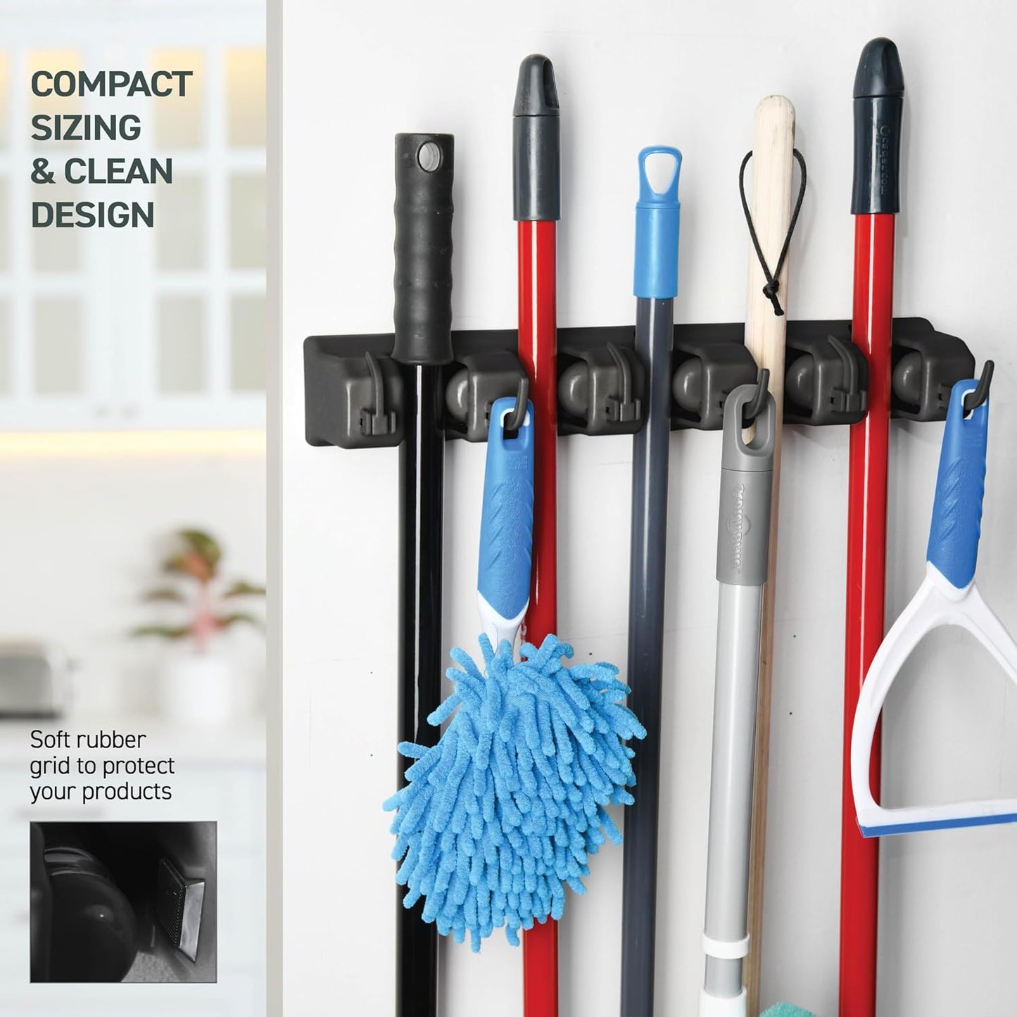 Skiennix Mop And Broom Holder Wall Mount - 5 Slots, 6 Hooks For Efficient Garage Storage | Black
