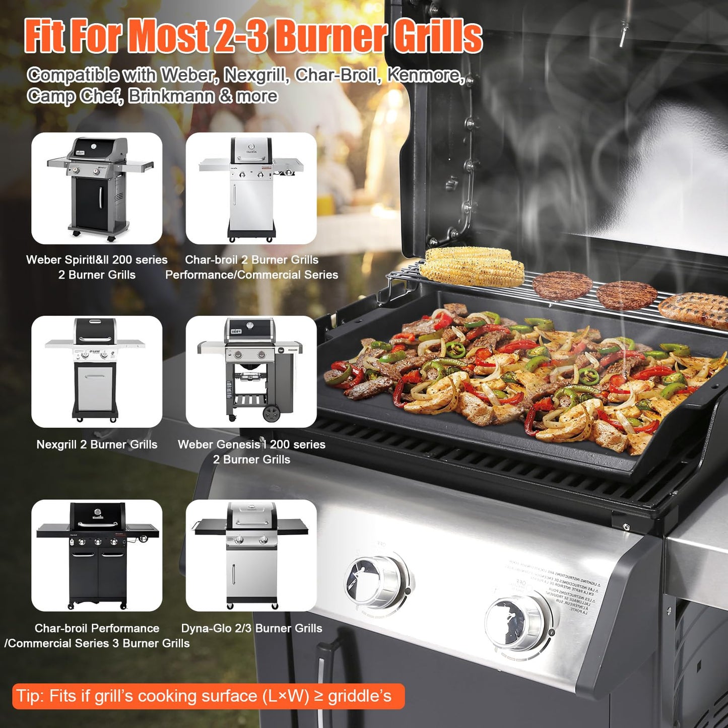Updated Cast Iron Griddle for Gas Grill, 23" x 16" Large Matte Porcelain Enamel Griddle for Gas & Charcoal Grills, Universal Flat Top Plate with Extra High Sidewalls for Camping, Tailgating, Parties