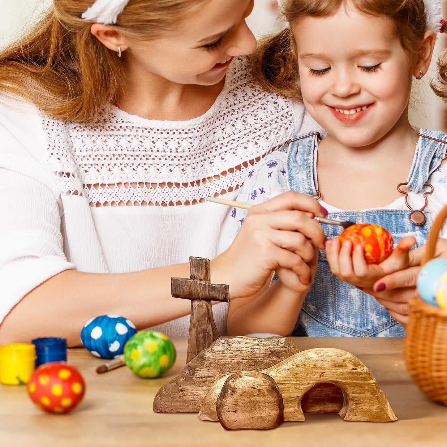Wooden Nativity Scene, Jesus Resurrection Empty Tomb Easter Decor, Religious Cross & Tiered Tray Set for Home or Tabletop (Empty Tomb)