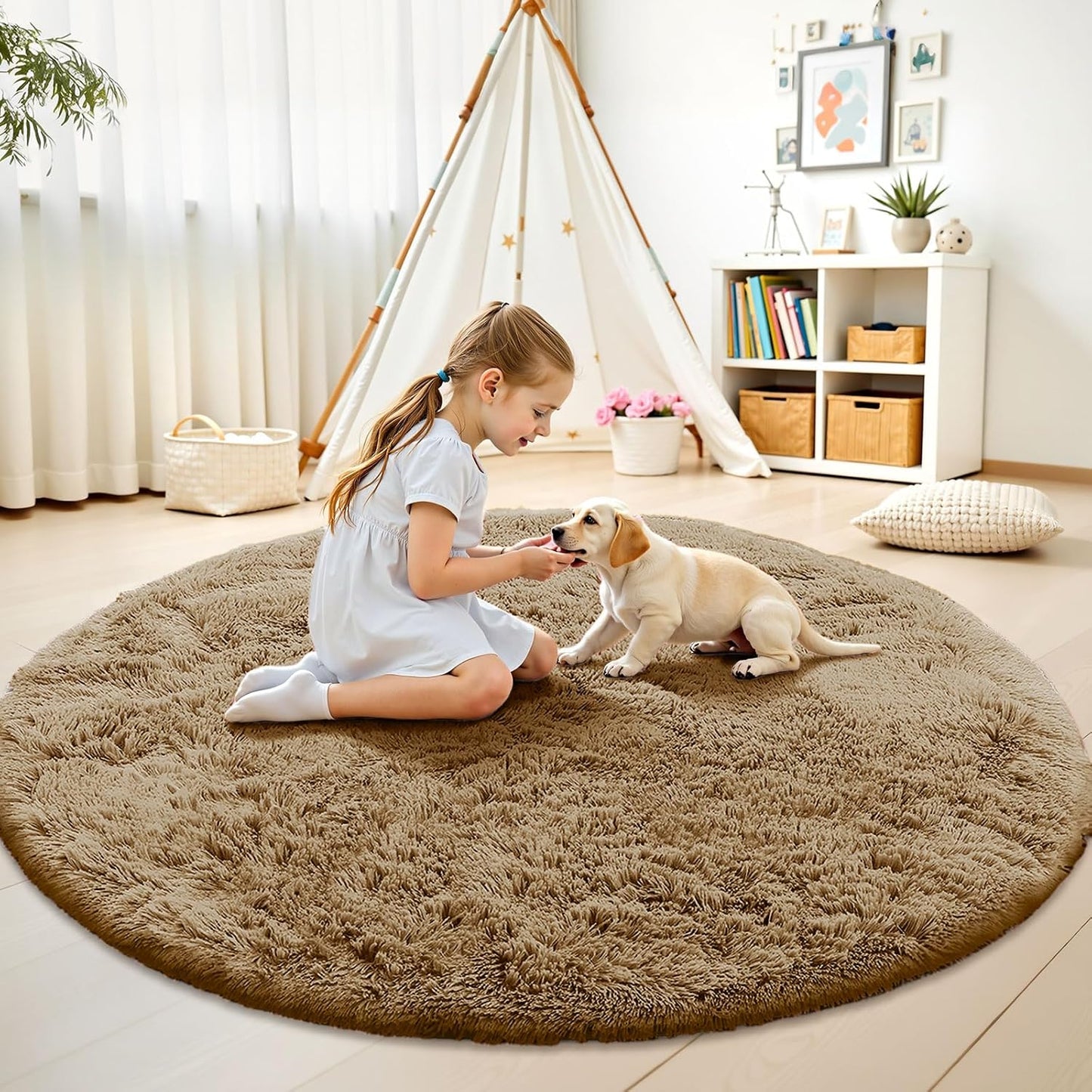 OLANLY Round Area Rug - Soft Taupe Shaggy Carpet, Machine Washable, 5 ft Circle for Bedroom & Living Room