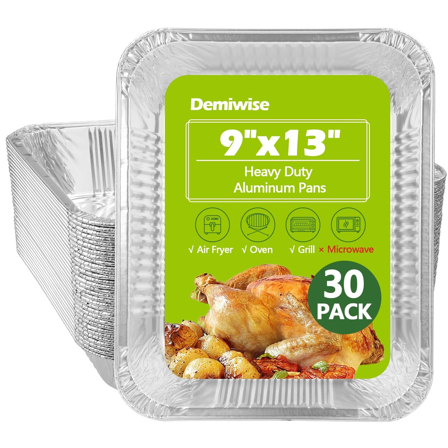 Demiwise Thickened 30 Pack Heavy Duty Aluminum Pans, 9x13 Aluminum Foil Pans Disposable, Half Size Steam Table Foil Baking Tray for Cooking, Baking, Roasting & Chafing, Carton Packaging