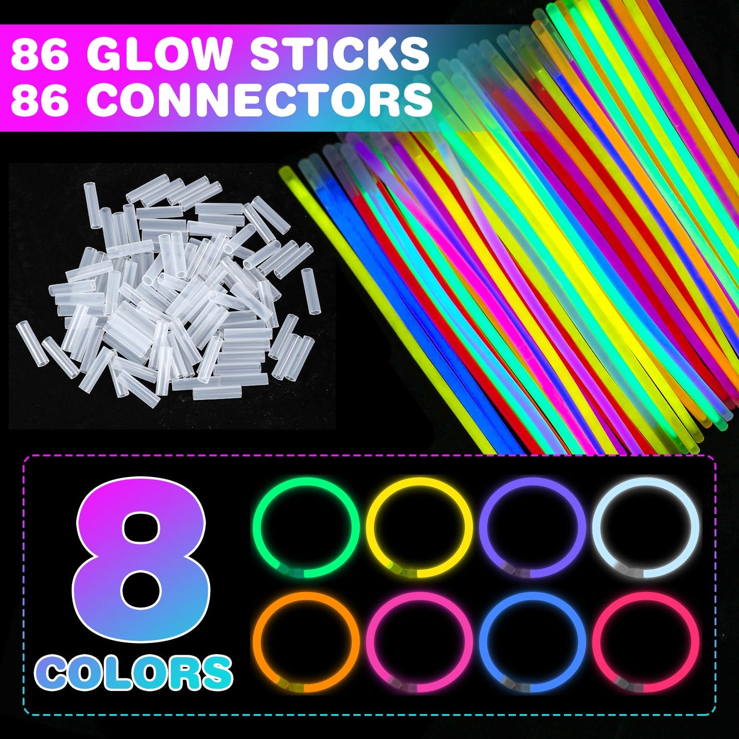 YixangDD 86 PCS Ultra Bright Glow Sticks, 8 Inch Glow Sticks Bulk Party Pack, Light Up Sticks for Glow Bracelets, Necklaces, Concerts, Christmas, Party Supplies with 86 Connectors