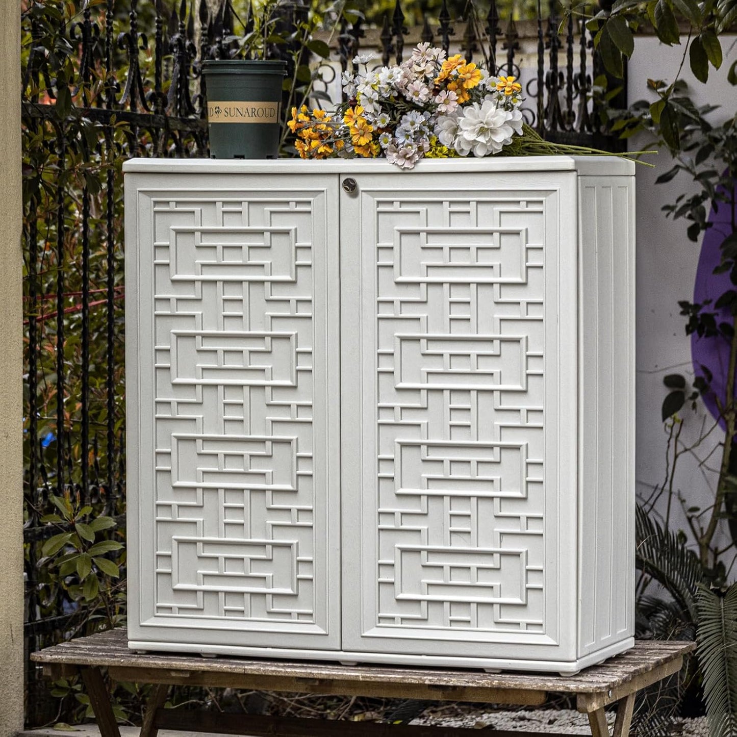 Mrosaa Waterproof Indoor Outdoor Storage Cabinet - Off White Plastic for Patio & Garden | 34.3''L x 15''W x 36.2''H