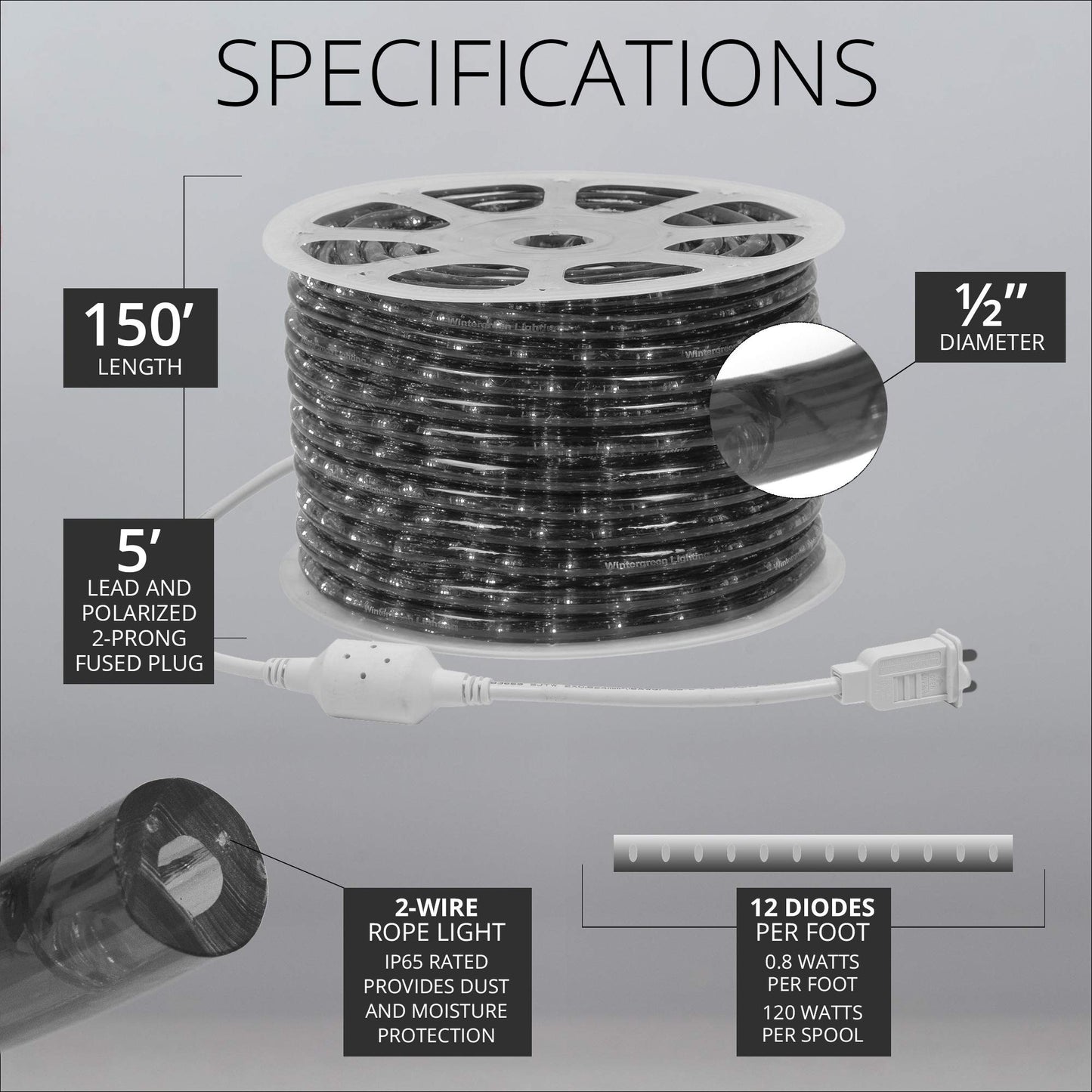 Wintergreen Lighting 150ft 1800 LED Heavy Duty Rope Light Spool, 120V ETL Indoor Rope Lights Plugin Outdoor Tube Lights ½ Inch, Accessories and Mounting Clips Included, Warm White