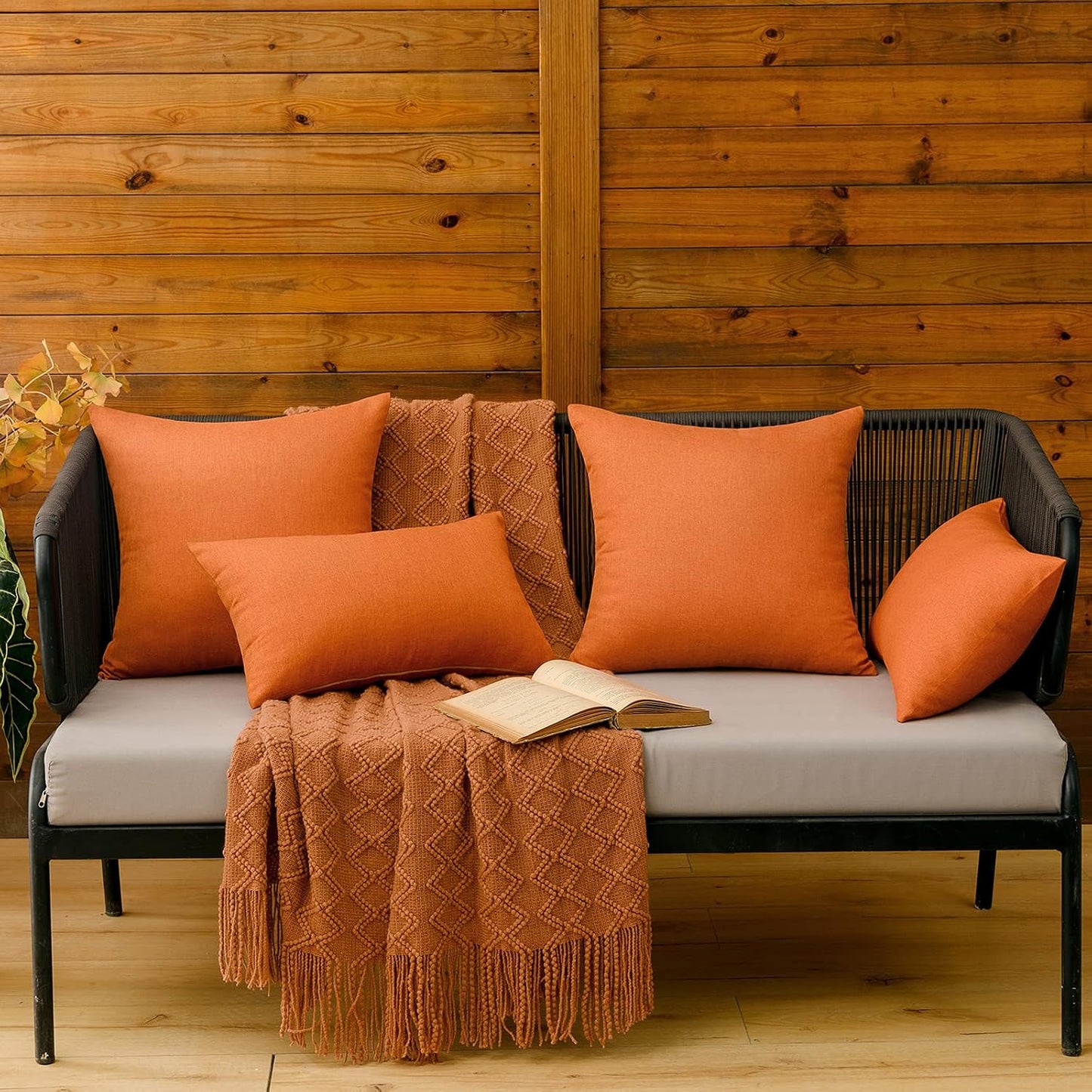 MIULEE Decorative Outdoor Throw Pillow Covers - Waterproof Faux Linen Cushion Cases | 20x20 Inch Orange (Pack of 2)