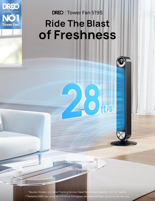 DREO Tower Fan - 90° Oscillating Standing Floor Fan with 28ft/s Velocity & 25dB Quiet Operation | 9 Speeds, 4 Modes, 12H Timer, Voice & App Control