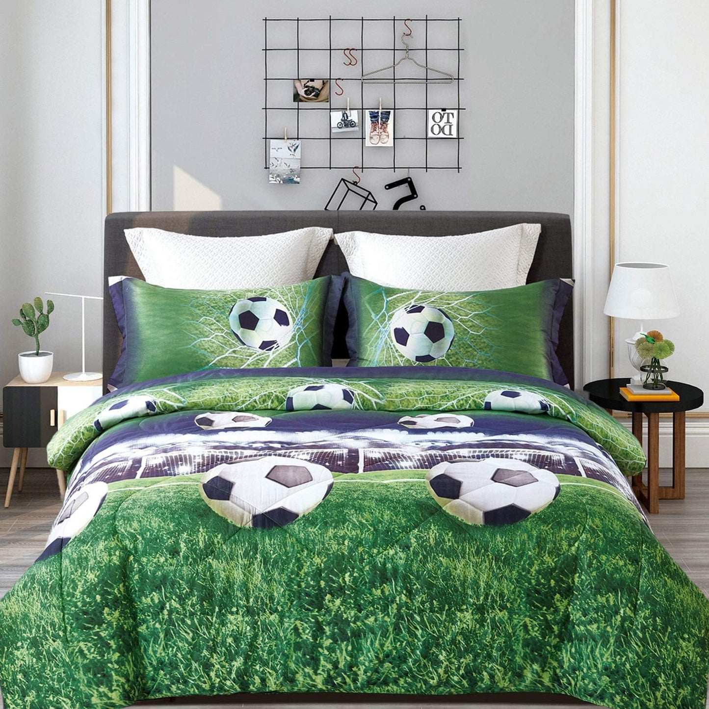 ENJOHOS Full Size Comforter Set for Boys, 3 Piece Soccer Bedding Set for All Season, Lightweight Soft Microfiber Sports Comforter with 2 Pillow Cases