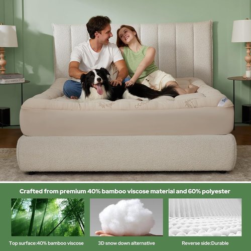 BEDLORE Full Size Mattress Topper - Thick Bamboo Viscose Pillow Top for 6"-15" Mattresses | Breathable Comfort & Back Pain Relief (Beige)
