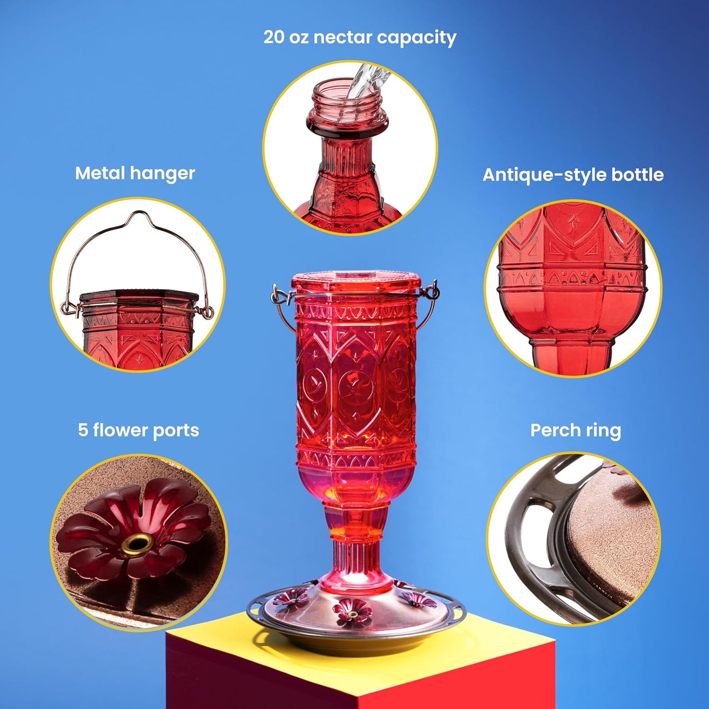 More Birds Red Jewel Hummingbird Feeder - Glass Bottle with 5 Feeding Ports & 20-Ounce Capacity