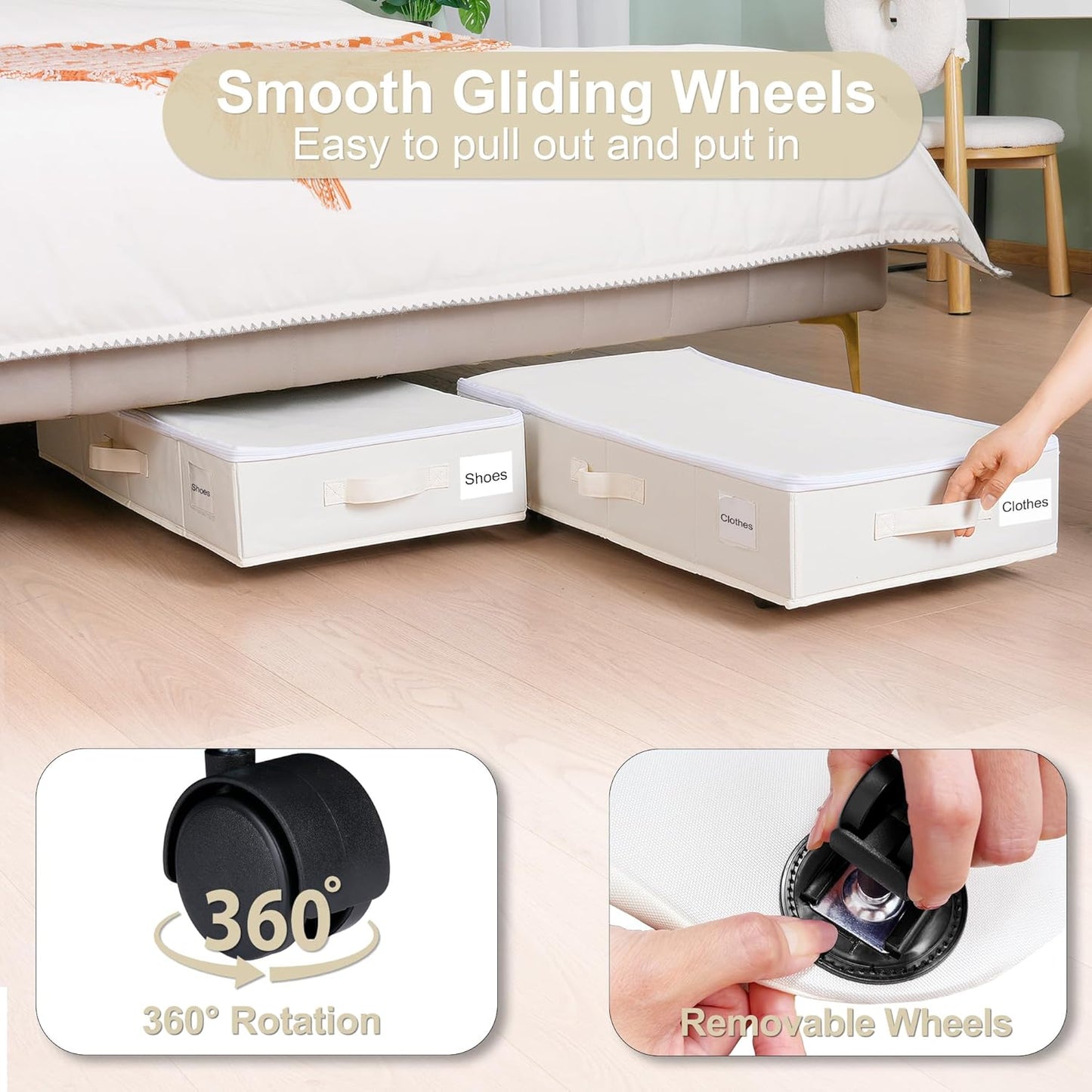 Vincona Under Bed Storage Containers - 2 Pack Rolling Organizers with Label Holders for Clothes & Shoes | Beige (30.71"x15.7"x7.28")