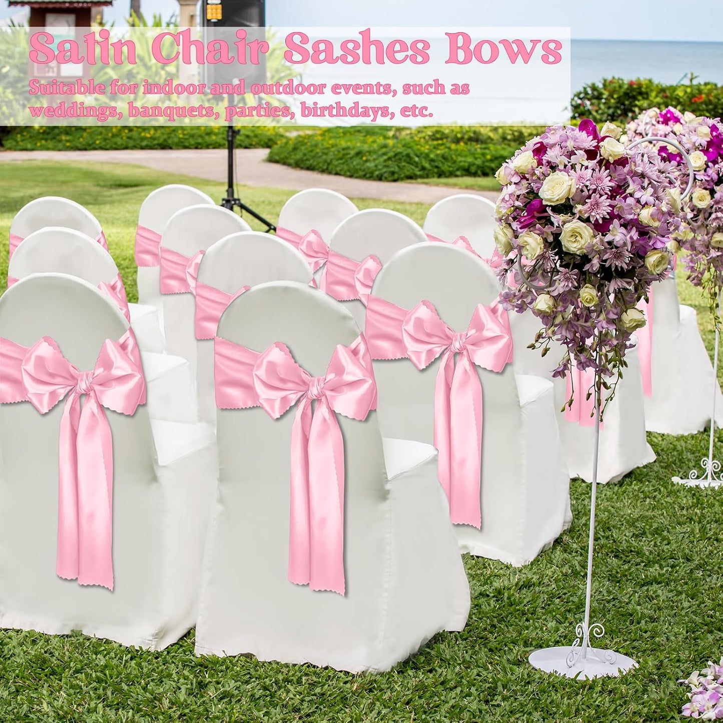Skiennix Pink Satin Chair Sashes - 12 Pcs 7x108 Inch Silky Bow Ties for Weddings & Events