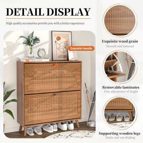 Fsbecl Shoe Storage Cabinet - Narrow Wood Organizer with 2 Flip Drawers | Stylish Walnut Finish for Entryway